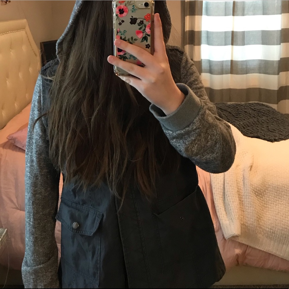 Blueish Grey Knit Sleeve Hooded Utility Jacket
